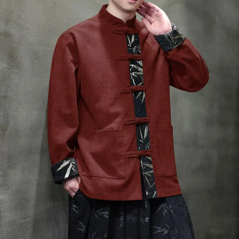 

New Chinese Sle Men's Spring Autumn Corduroy Jaet with Button Collar Stand up Coat Traditional Tang Costume Improved Version