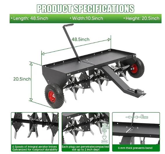 Transport Wheels, Lawn Aerator Tow Behind with 30 Galvanised Steel Tines, Pull Behind Aerator for Gardens, Lawns, Farms