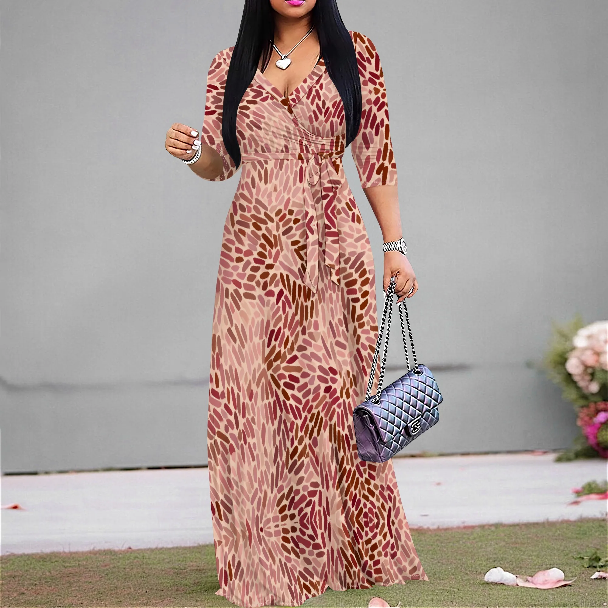 

Women's Casual Boho Dress V-Neck Half Sleeve Abstract Print High Waist Long Dress with Belt XS-3XL