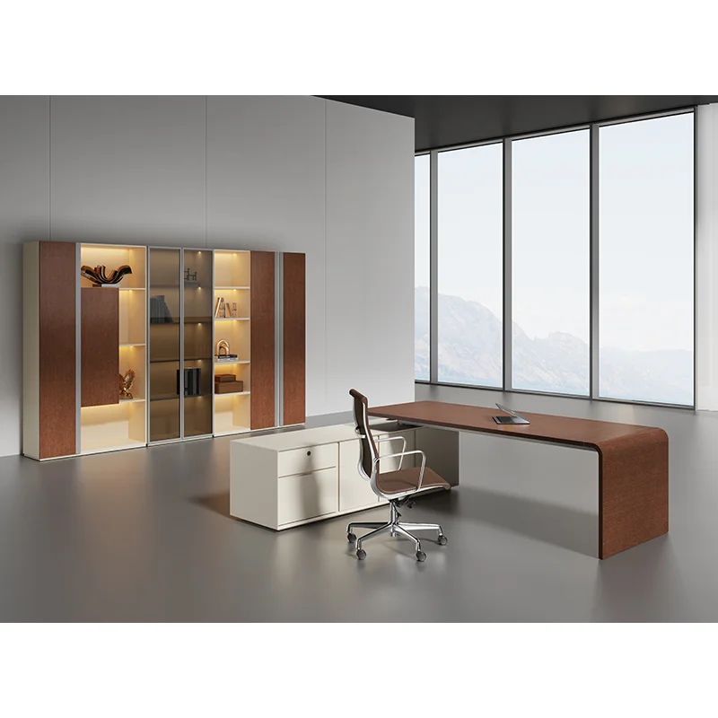 Modern Wood Office Furniture Adjustable Angle L Shaped Boss CEO Luxury Office Table Executive Office Desk With Side Cabinet