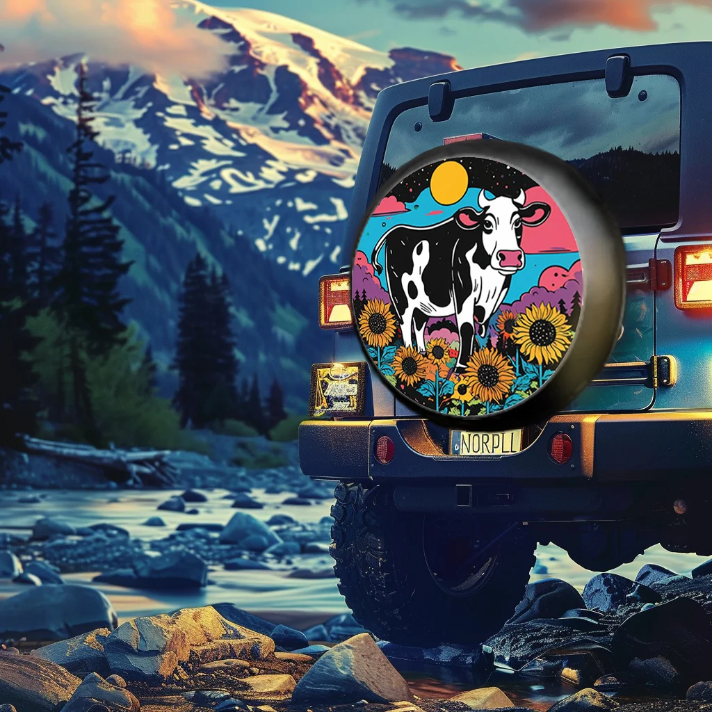 Cow Sunflower Tire Cover Cartoon Pastoral Style Polyester Waterproof Spare Wheel Protector