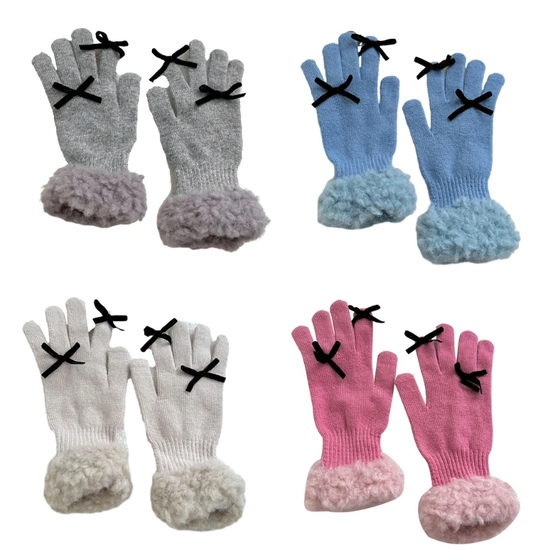 Small Bowknot Decor Full Finger Glove Winter Knit Warm Mittens for Women Girls