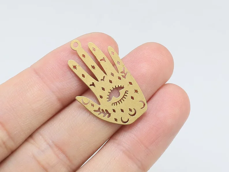 10pcs Hamsa Hand Earring Charms, Brass Evil Eye Charm, Lucky Charm, Earring Findings, 29.8x18mm, Brass Findings - R1641