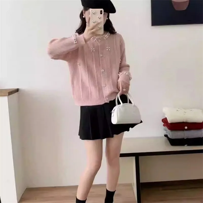 Cardigan Women Beading Design Sweet Knitwear French Style All-match Daily Young Clothing Leisure Prevalent Autumn Outwear Chic