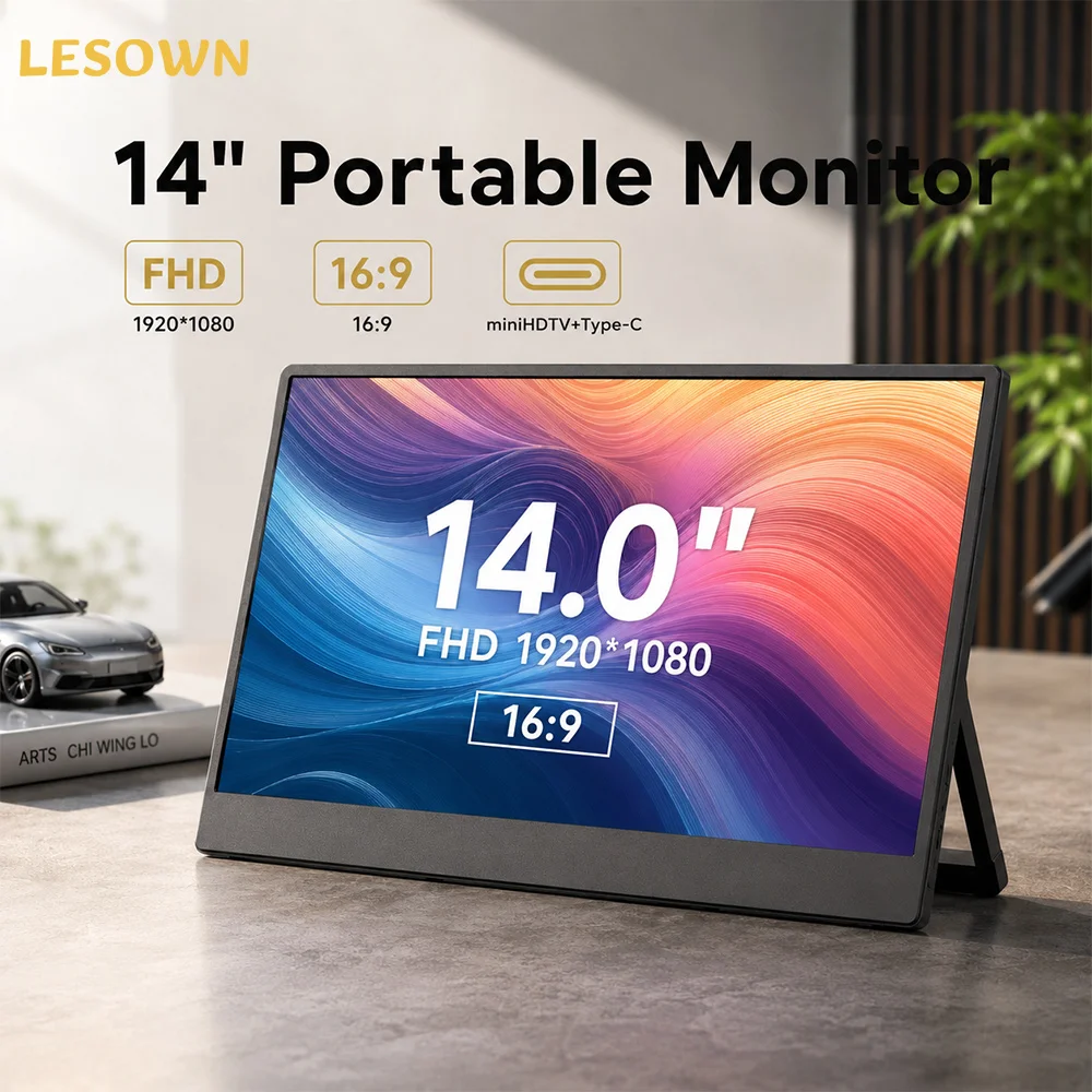 LESOWN 14 Inch External Display 1080P Resolution Plug & Play Slim Panel with Speakers for Xbox