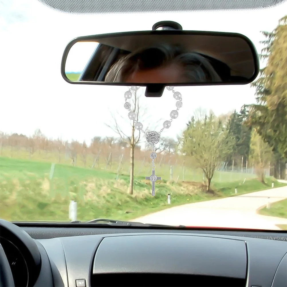 

2Pcs Car Rearview Mirror Accessories Rosary Cross Blessing Pendant Hanging Auto Interior Decor Charm for Men Women