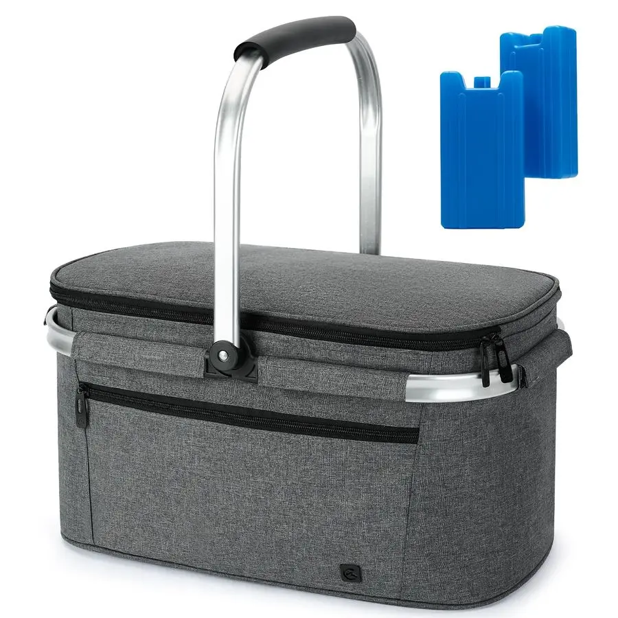 

Корзина для пикника, 2 ящика для льда в комплекте, изолированный холодильник емкостью 32 л, утолщенная складная корзина для пикника со съемными корзинами, пришитая рама