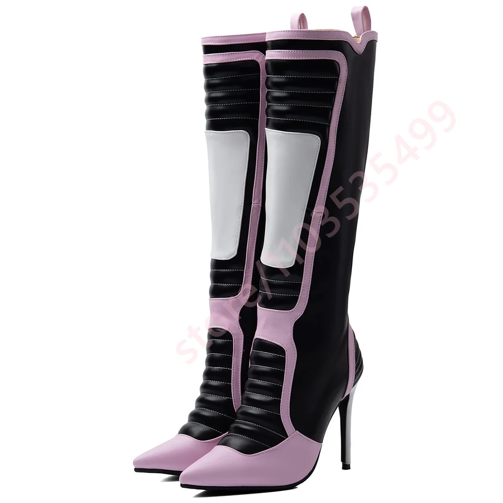 Pink Black White Color Block Knee High Boots Women Patchwork Stripe Pointed Toe Thin Stiletto Heel Fashion Motorcycle Long Boots