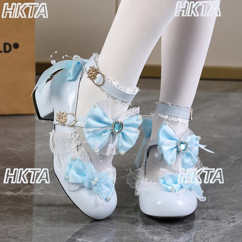 Japanese Elegant Lolita Mid Heel Pumps Pearl Lace Bow Rhinestone Summer Fashion Sweet Lolita Shoes Cute Kawaii White Shoes Women - view 2