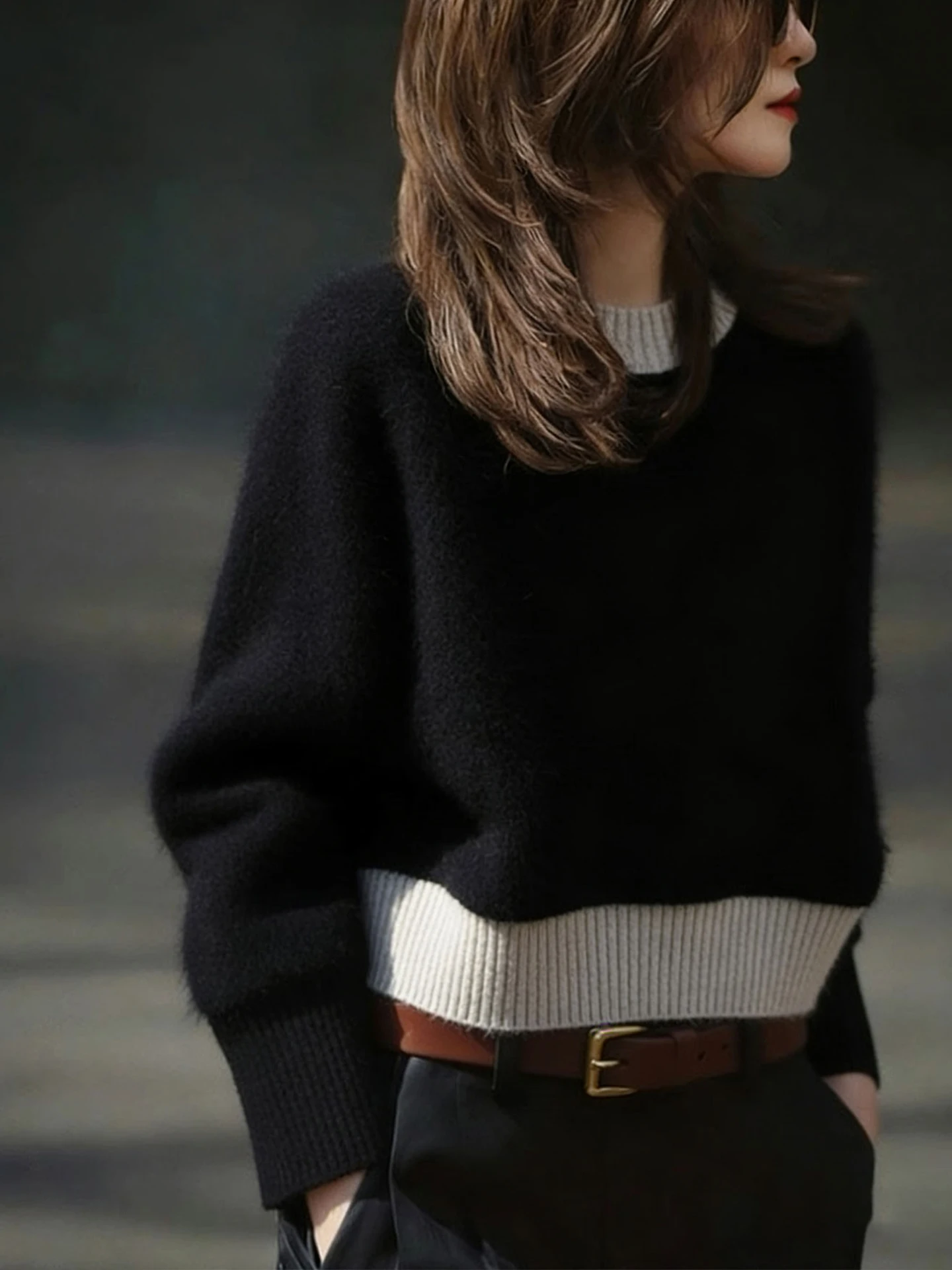 패셔너블 니트 페이크 투피스 카메라 롱 슬리브 라운드 넥 출퇴근용 여성 겨울 의류 루즈핏