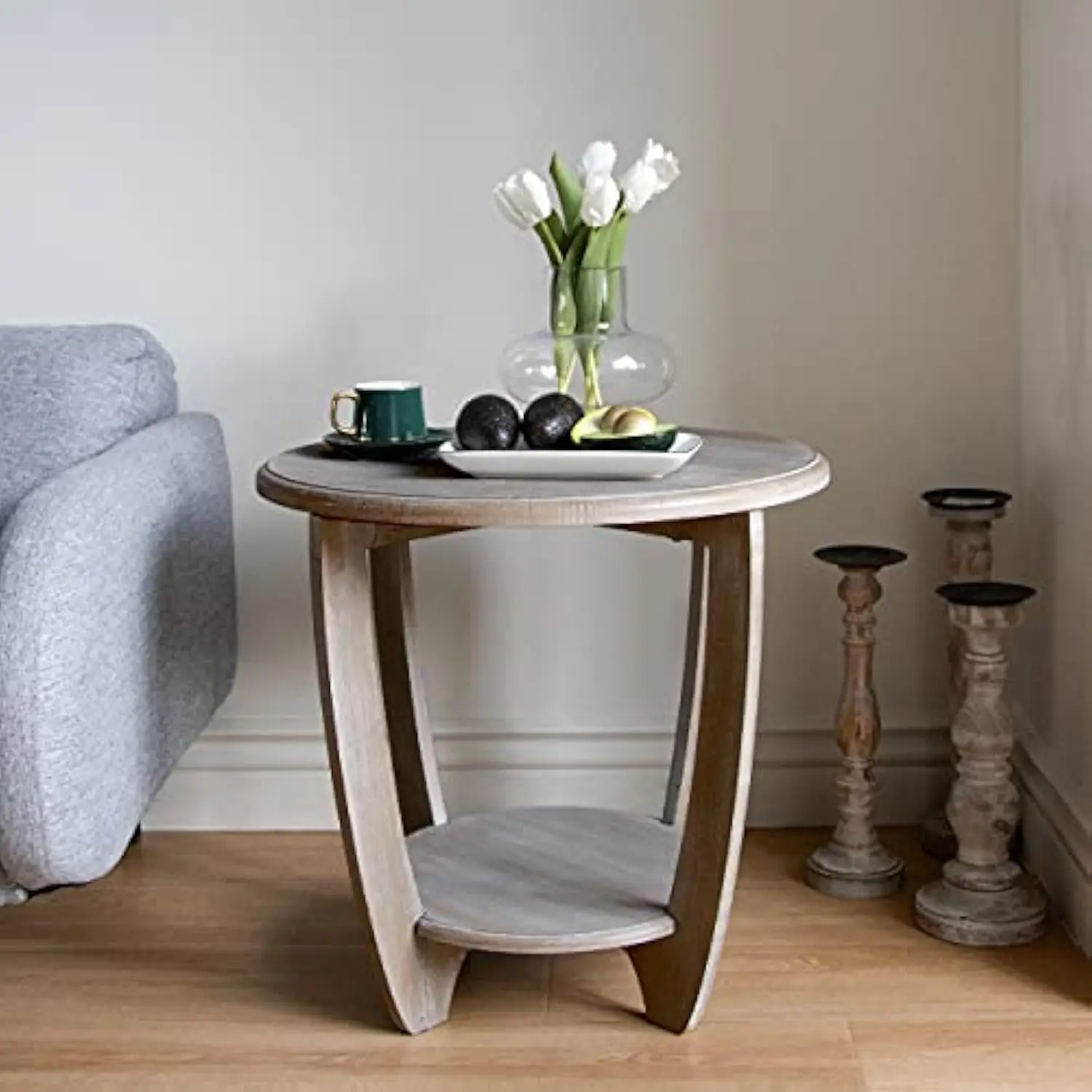 

Round Farmhouse End Table with Storage Shelf, French Country Accent Side Table Rustic Grey, Dinning or Living Room, Small Spac