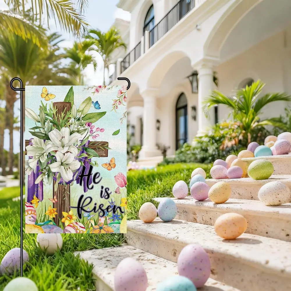 He Is Risen Easter Garden Flag 12x18 Inch Double Sided Small Yard Sign with Cross, White Lily Flowers & Spring Eggs, Chr YYQ GGO