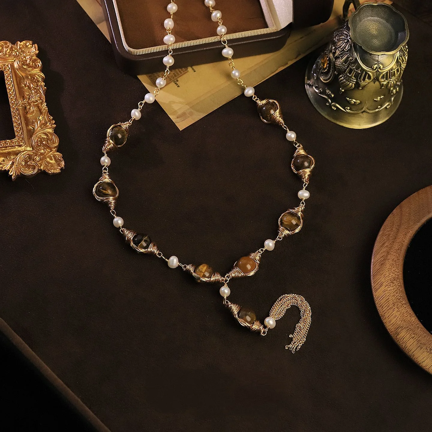 Luxury Freshwater Pearl Tiger Eye Stone Long Tassel Necklace for Women Retro Mixed Bead Necklaces Chain Collar Jewelry Gifts