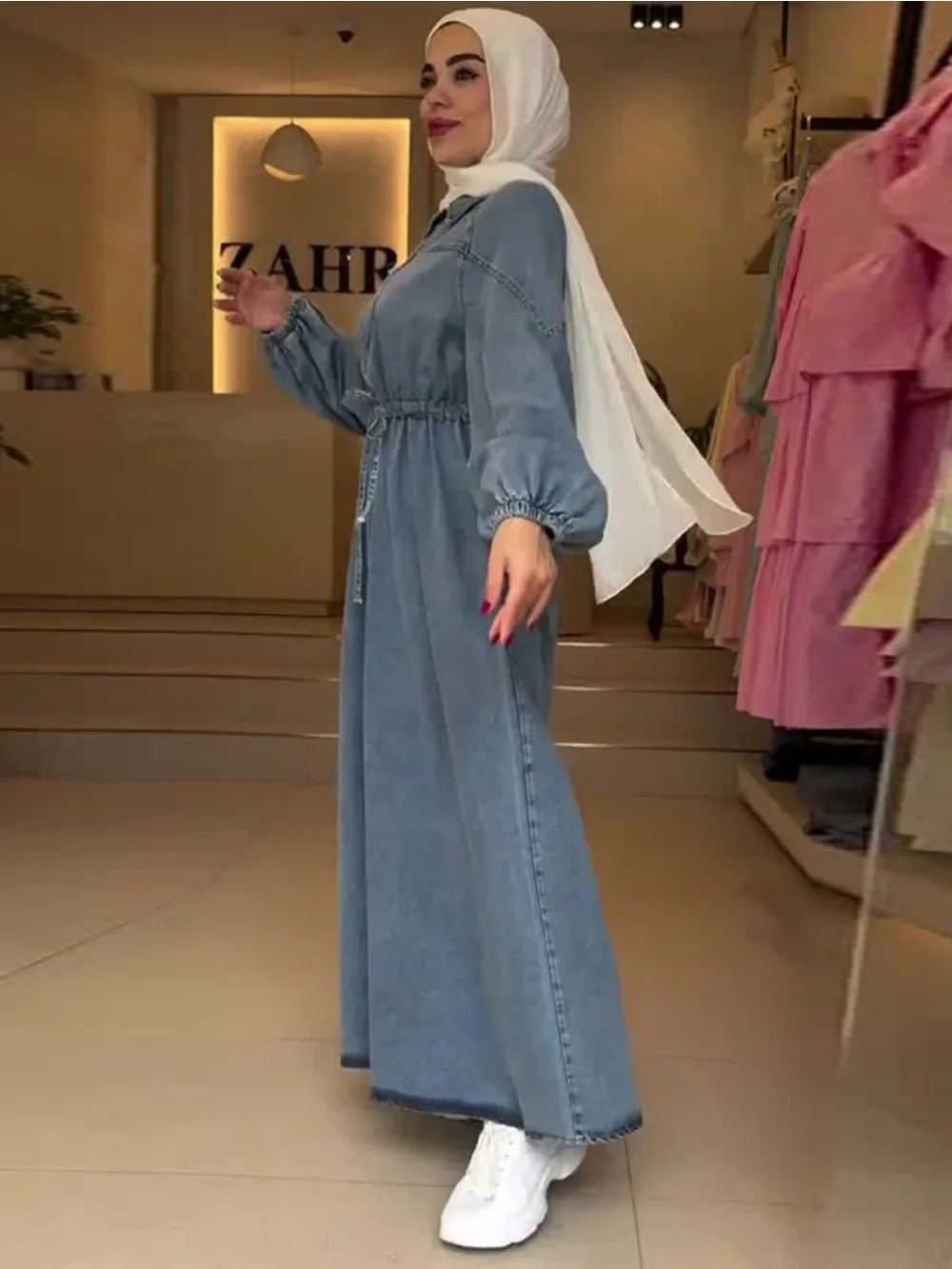 

Ид мусульманское джинсовое платье на молнии Vestidos Largos Abaya Jalabiya Ramadan на шнуровке однотонные элегантные исламские вечерние платья длинный халат 2025