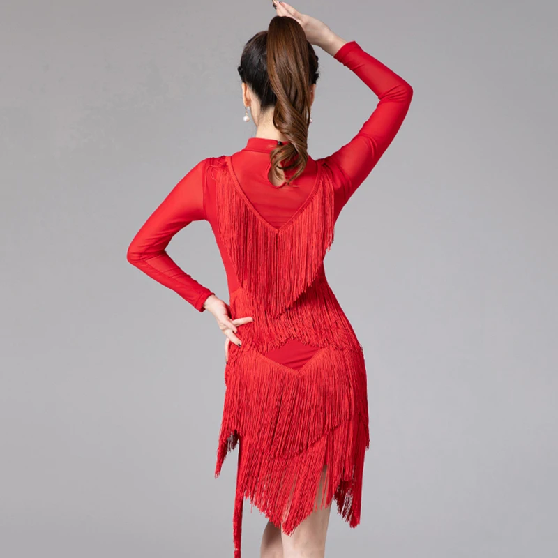 Women Dance Salsa Samba Clothes High Neck Spandex Mesh Long Sleeves Rich Fringes Latin Dresses