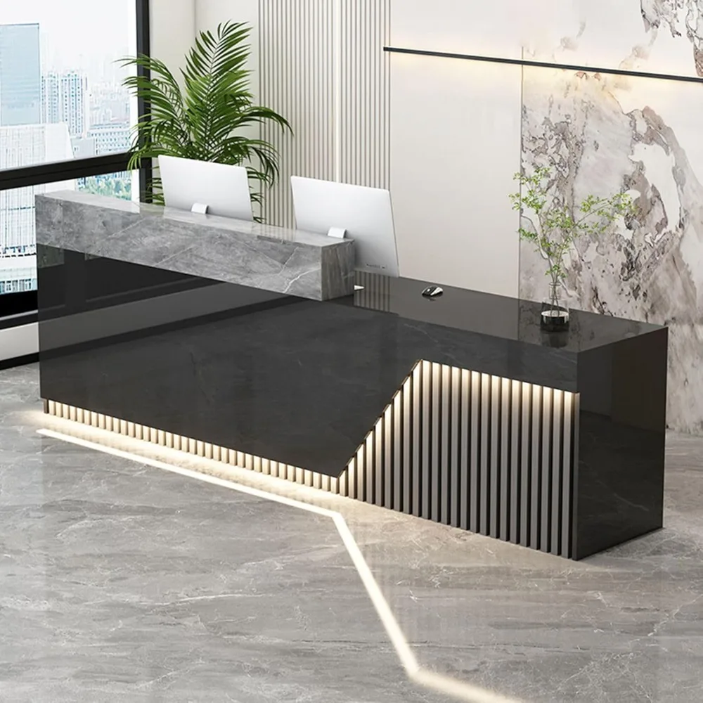 

Solid Wood Front Desk, Black Reception Desk with Counter, Reception Counter with Lockable Drawer & Cable Grommet, Retail Checkou
