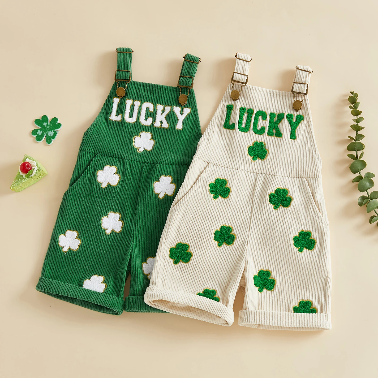 FOCUSNORM 0-5Y Toddler Kids Girls Boys Overalls Romper Sleeveless Embroidery Clover Casual Jumpsuit Clothes for Irish Holiday