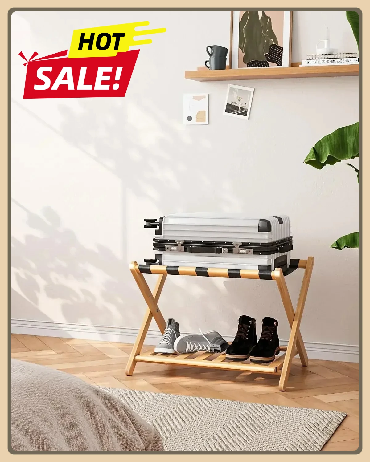 

Fully Assembled Luggage Rack with 5 Nylon Straps, Folding Suitcase Stand with Storage Shelf, Luggae Stand, Pack of 2