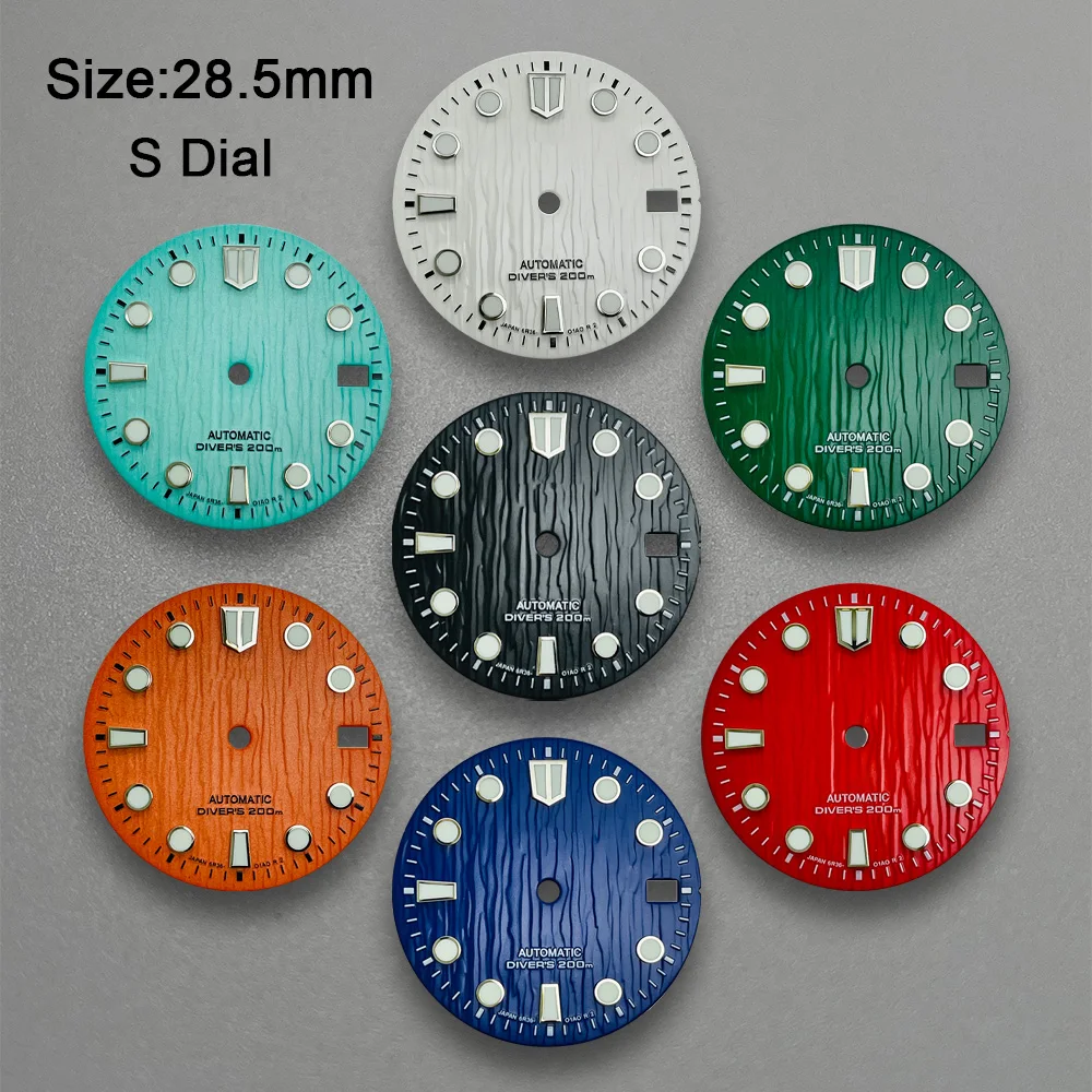 28.5mm S Logo Bark Dial Suitable For NH35/NH36/4R/7S Movement Green Luminous High Quality Watch Modification Accessories