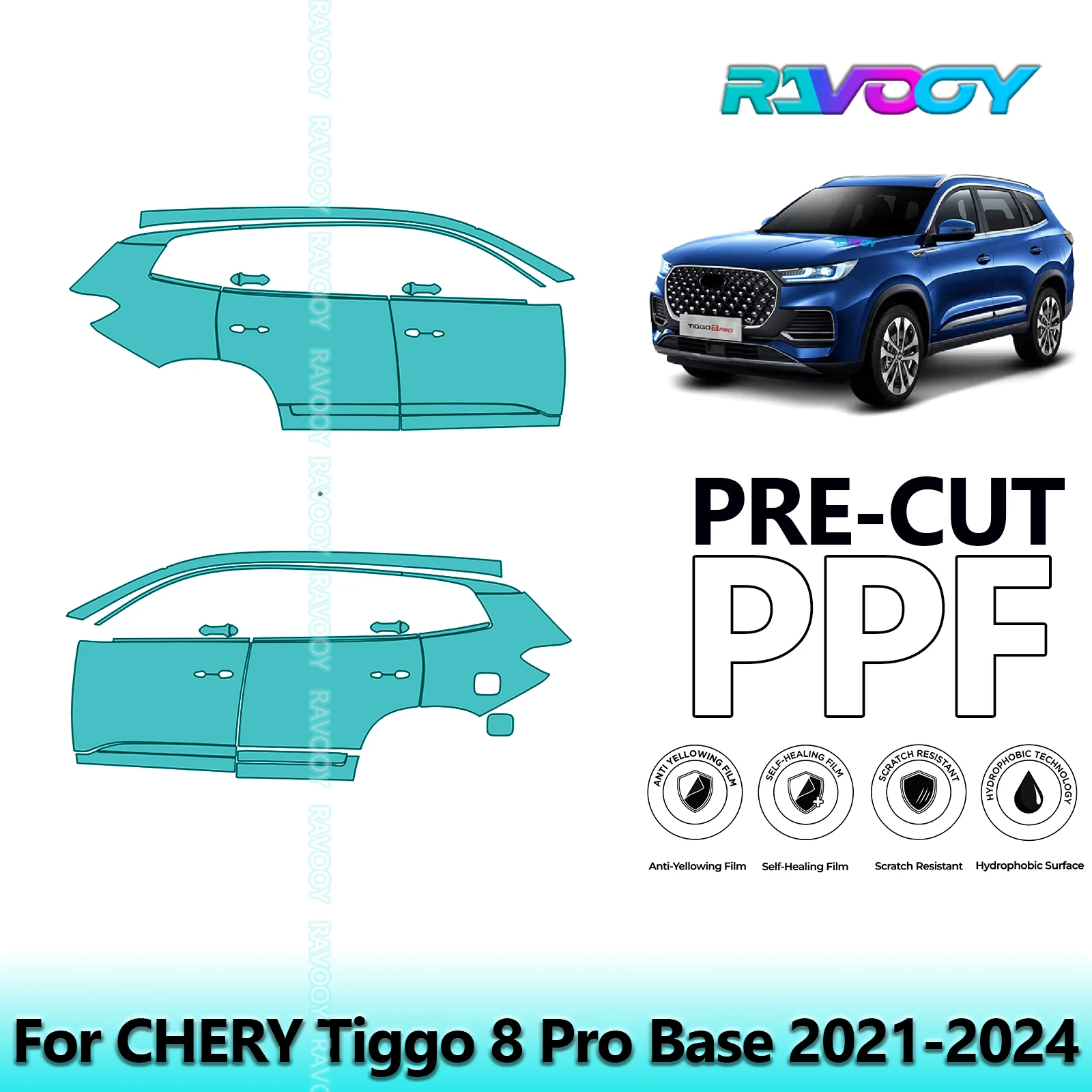 

For CHERY Tiggo 8 Pro Base 2021-2024 8.5mil Clear Matte Pre-Cut PPF Door & A/B Pillar Kit TPU Paint Protection Film Set