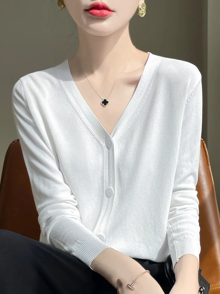 

Loose Long Sleeve V-Neck Knitted Cardigan Women's Outerwear Spring New Style Fashionable Versatile Pure Color Commute Style