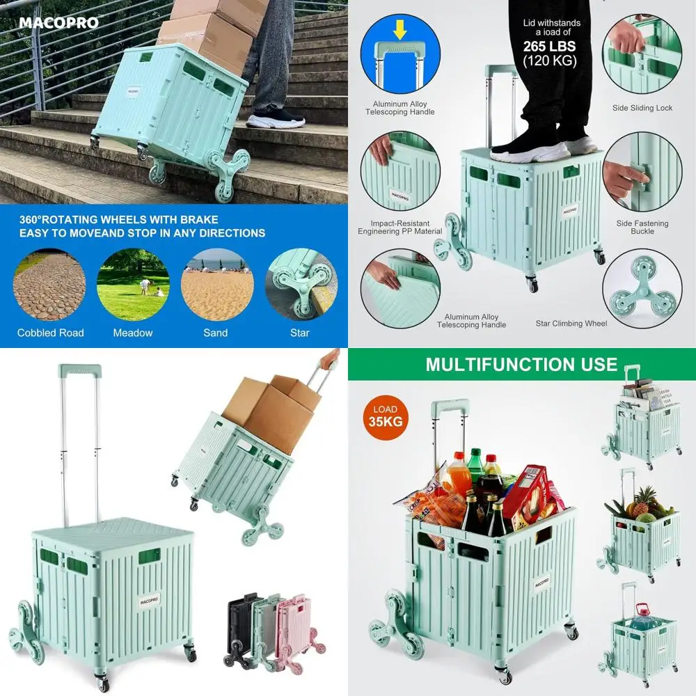 Carro rodante plegable con mango telescópico, ruedas para subir escaleras, carrito de compras para comestibles, libros y suministros (Gre