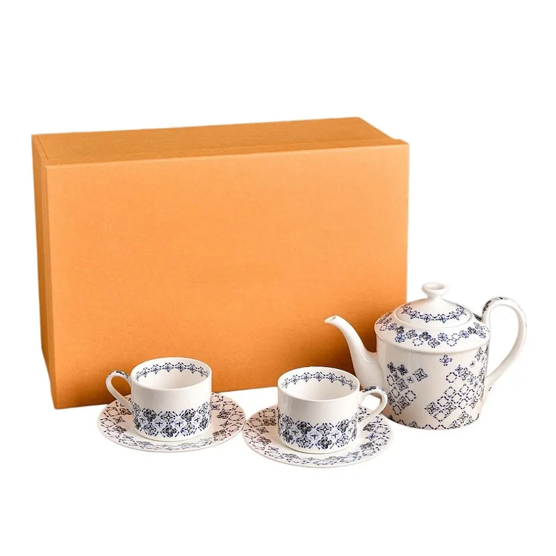 

Classic Monogram Blue White Porcelain Style Coffee Cup Dinner Plate Soup Bowl Teapot Set Home Banquet Tableware Gift Porcelain