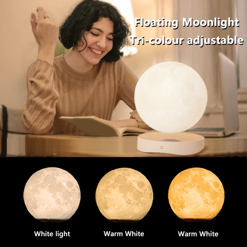 

EU Plug LED Lights Magnetic Levitation Moon Lamp Decoration Bedroom Bedside Touch 3 Color Rotating Atmosphere Night Lighting