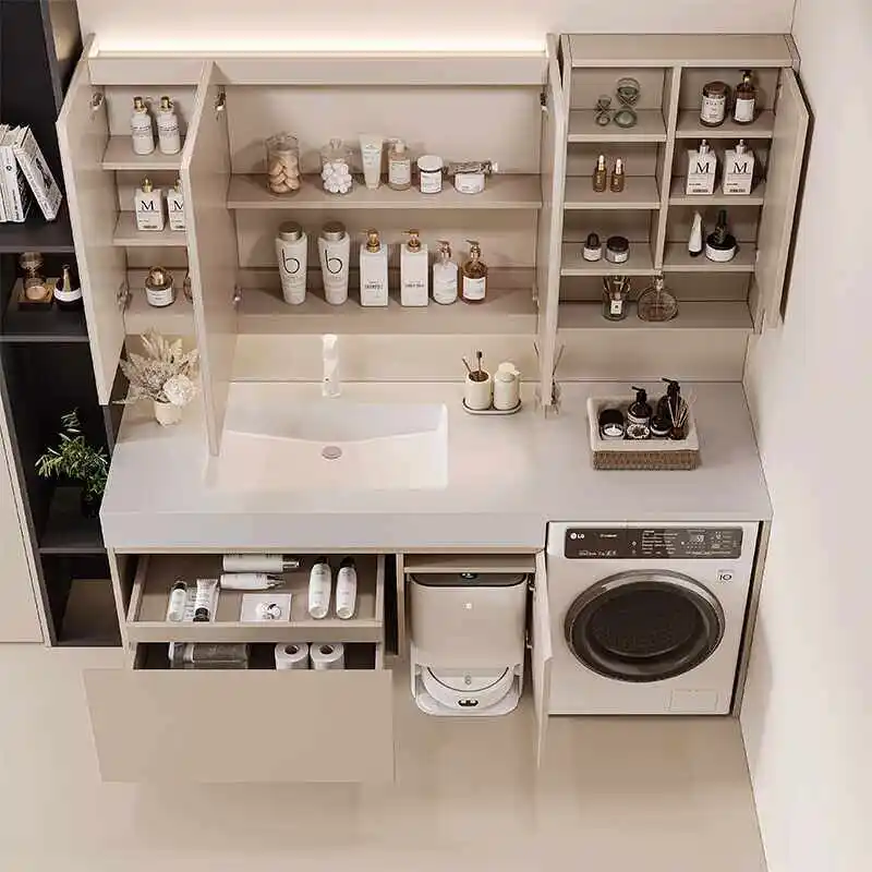 

Комбинированный шкаф для уборочного робота с интегрированной стиральной машиной, бесшовная керамическая раковина из каменной плиты, шкаф для ванной комнаты