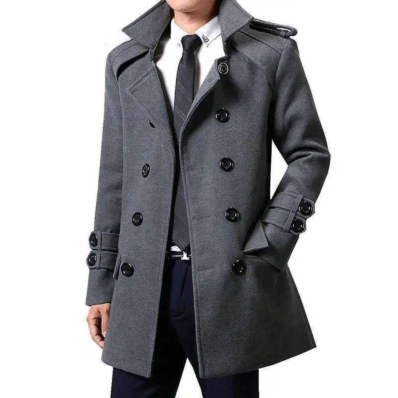 Winter Woolen Double-breasted Trench Coat For Men Medium-length Slimming Overcoat British Style