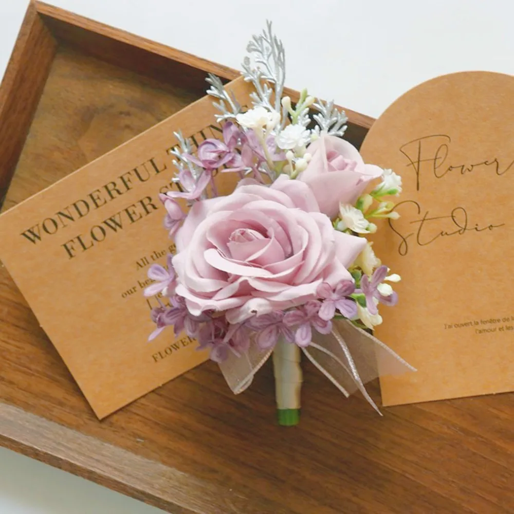 

Elegant Pink Wrist Corsage for Bride and Boutonniere for Groom boutonnière mariage homme Wedding Accessories Women's 웨딩 소품