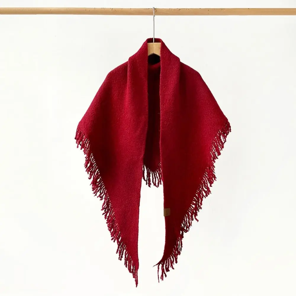 All-match Solid Color Large Triangle Shawl Wool Warm Knitted Scarf Windproof Neck Wraps Tassels Scarves Clothing Accessories