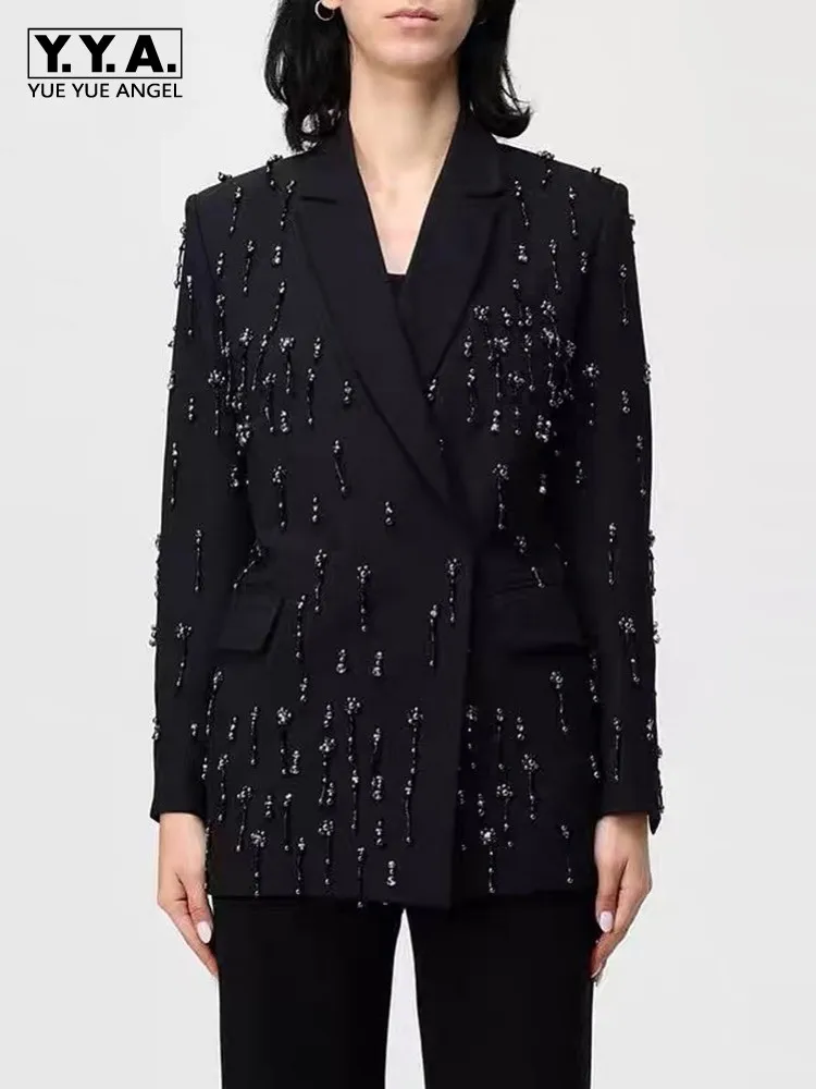 Party Women Suit Jacket Fashion Outerwear Designer Diamonds Beaded Tassel Solid Color Spring Elegant Office Ladies Blazers Tops