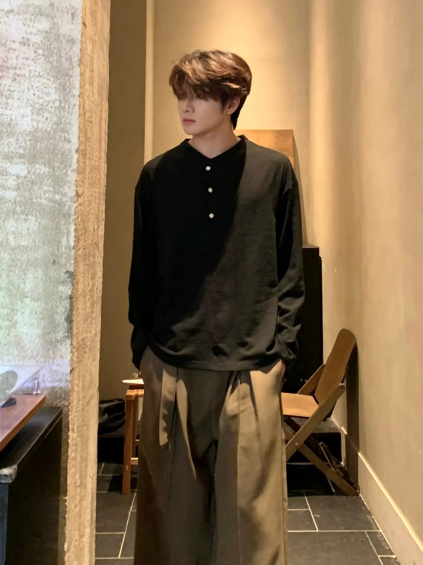 Loose Fit Long Sleeve Henry Collar T-Shirt Unisex Spring Autumn Simple Versatile Inner Wear Sun Protection Cover up