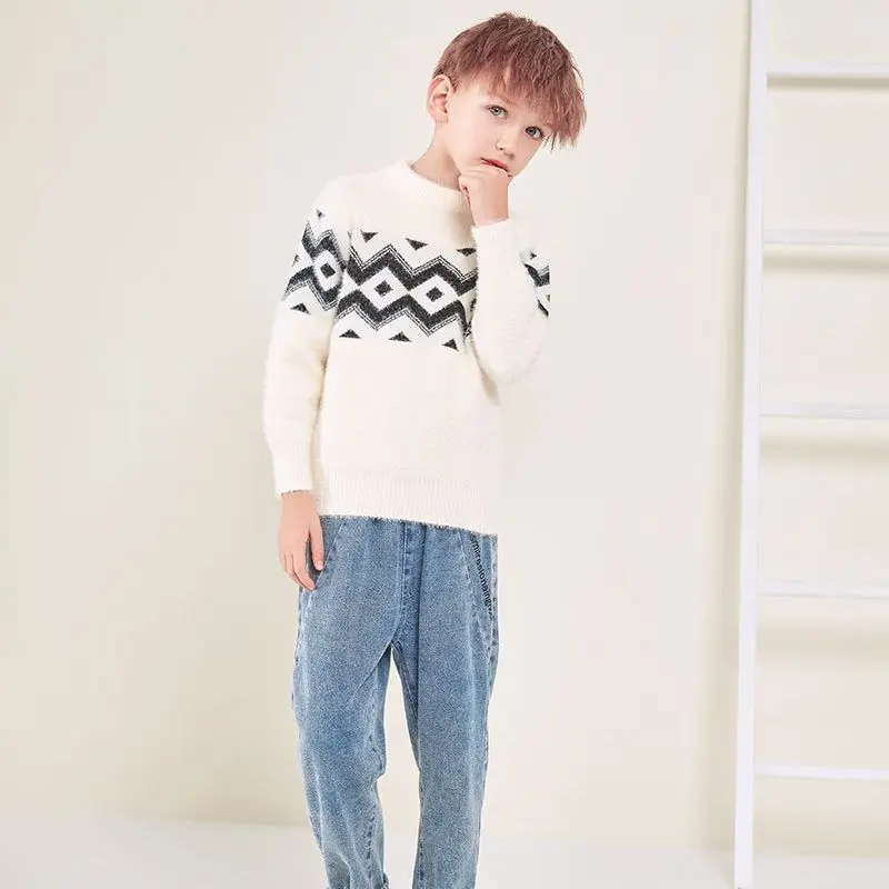 Boy Pullover Plush Thickend Warm Sweater New Autumn Winter Children\'s Knit Sweater O-Neck Stripe Full Sleeve Knitwear 3-14T