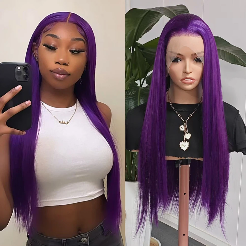 Purple Mixed Color Long Straight Lace Hair for Women Free Part Heat Resistant Purple Hair Synthetic Lace Front Wigs Cosplay Use