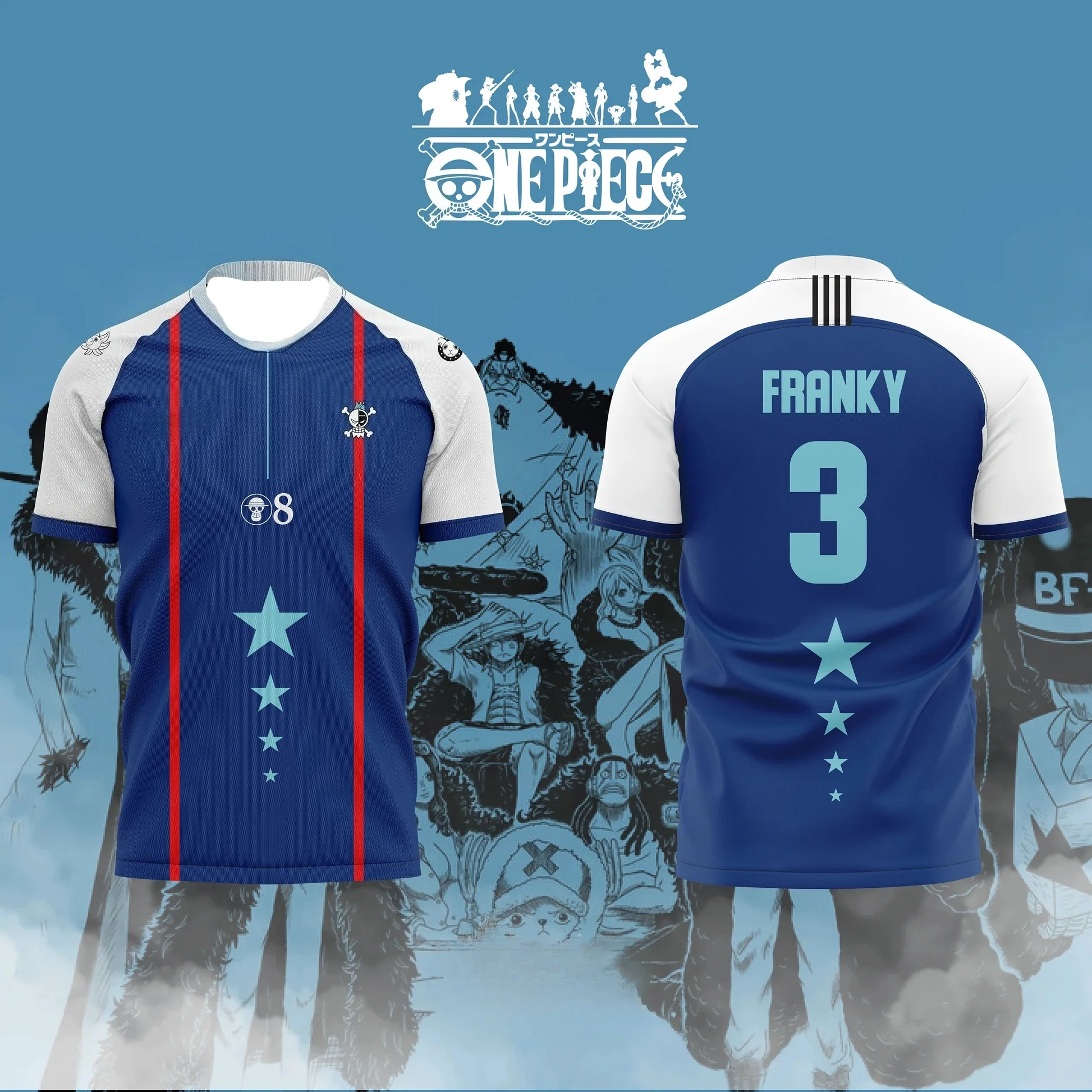 

Bandai 2026 One Piece Anime FRANKY NO.3 Football Shirt T-shirt Summer Sports Shirt Casual Top Breathable Casual Family Matching