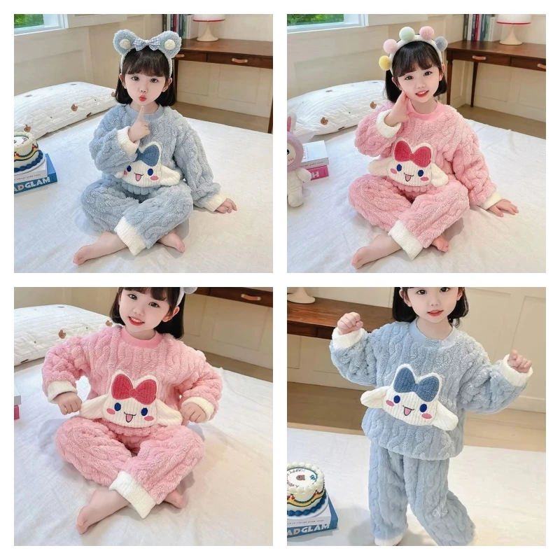 

Популярный пижамный комплект Sanrio для девочек Cinnamoroll Kawaii, зимние детские теплые топы с круглым вырезом, длинные штаны, детская одежда, новинка