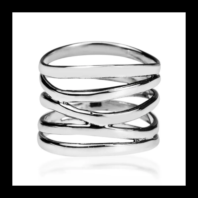 Anel de enrolamento de 5 círculos banhado a prata 925 Zhenrong, anel de noivado punk estilo punk criativo