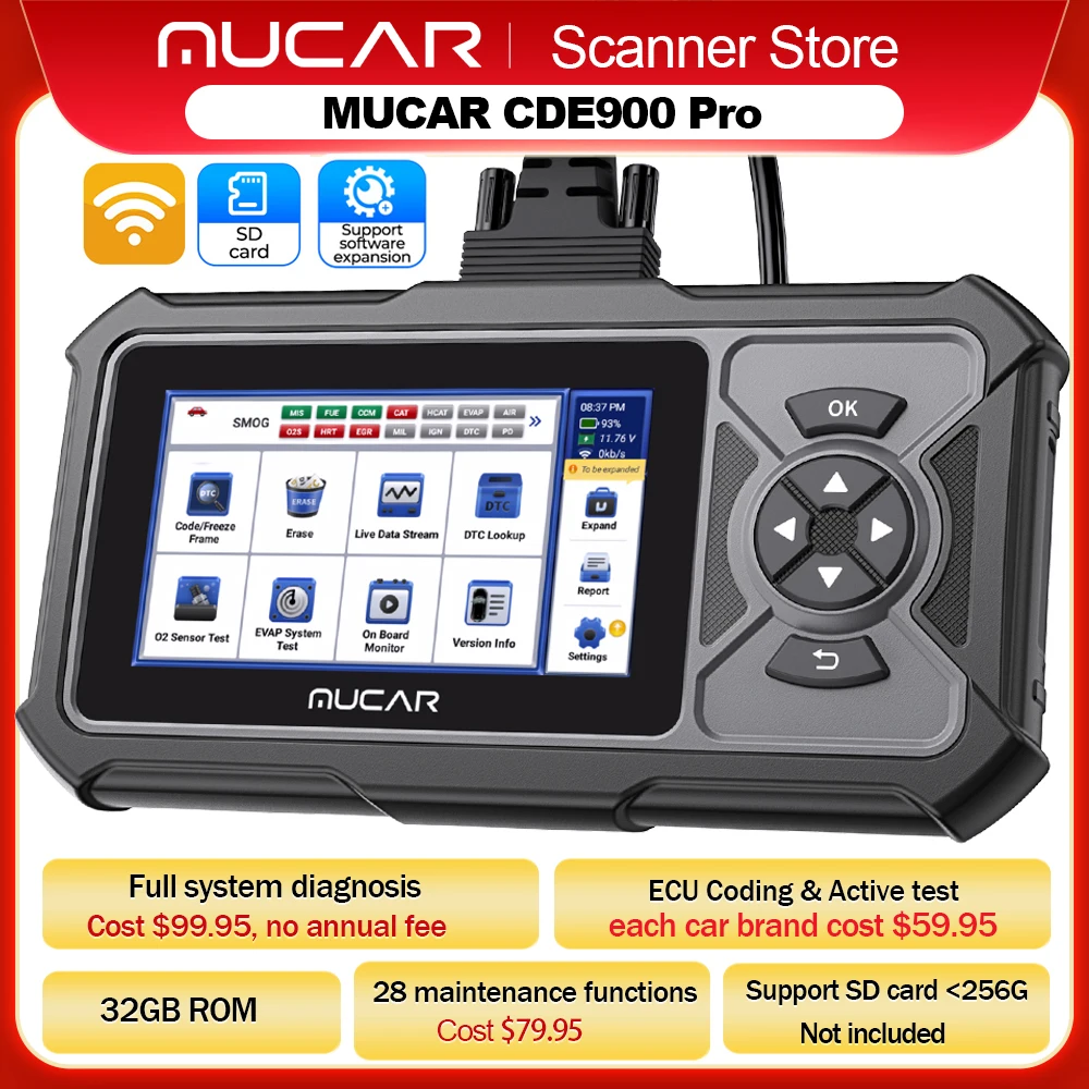 MUCAR CDE900 Pro OBD2 Diagnostic Tool Full System Diagnose 28 Reset/Maintenance Bi-directional ECU Coding obd 2 Scanner 32GB