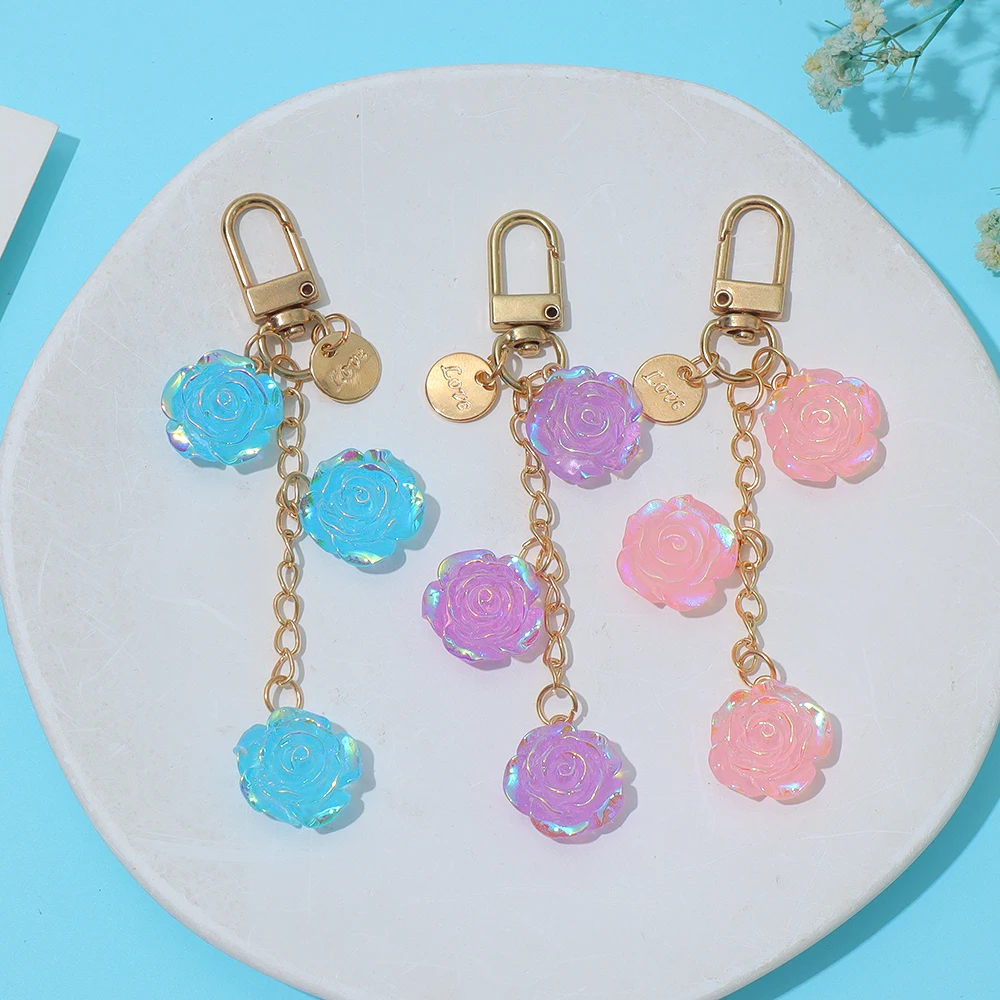 New Resin Rose Keychain Transparent Jelly Color Flower Tassel Pendant Key Chain Sweet Earphone Cover Bag Decoration DIY Keyring