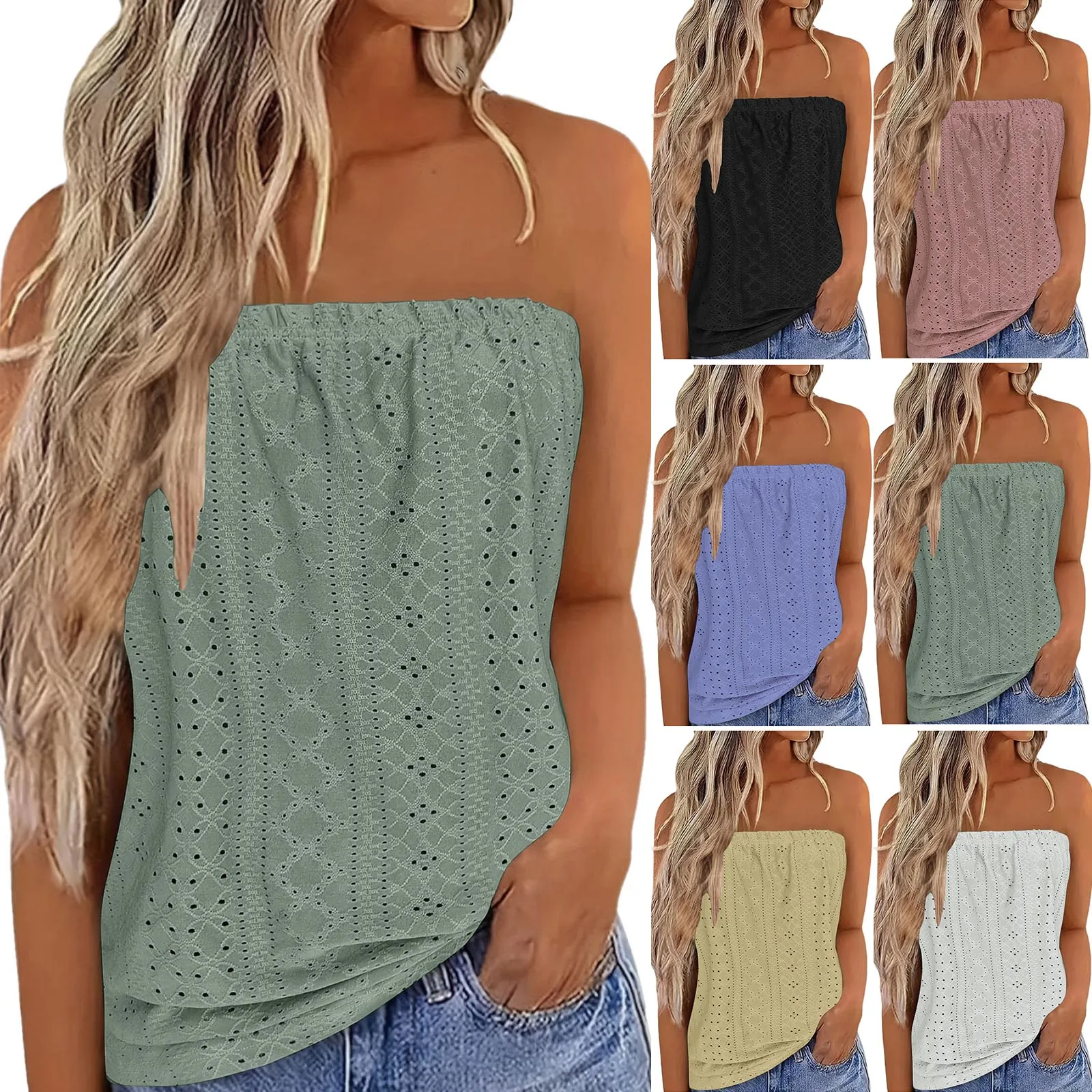 Casual Summer Hollow Out Strapless Tank Top Women Sleeveless Blouses for Women Fashion Elegant Loose Tank Tops for Women