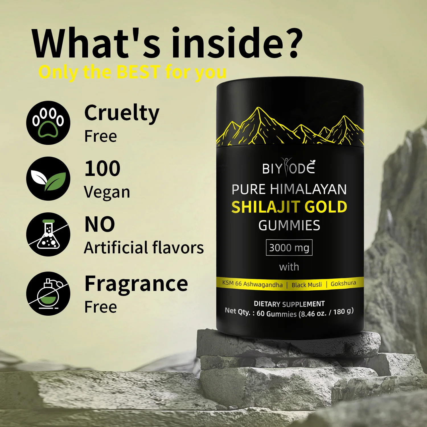 BIYODE 3000mg Pure Himalayan Shilajit Gummies Containing 85+Trace Minerals Supplement Vegetarian Easy Independent Packaging