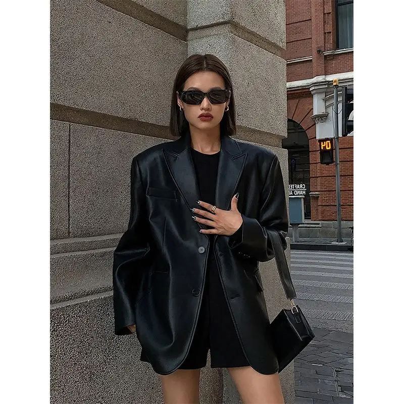 Boutique Wholesale 2023 Autumn New Retro High Quality Loose PU Leather Women's Suits