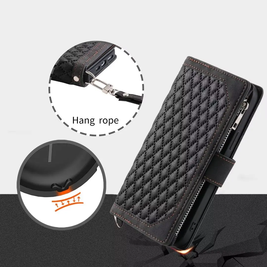 Fashion Zipper Wallet Case For Xiaomi Mi 8 Lite Flip Cover Multi Card Slots Cover Phone Case Card Slot Folio with Wrist Strap
