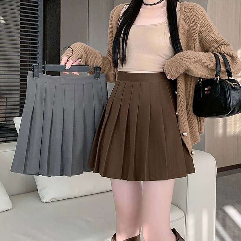 Autumn Winter Woolen Pleated Skirts Women New Korean High Waist Slimming Mini Skirt Ladies Preppy Style Side Zipper A-line Skirt
