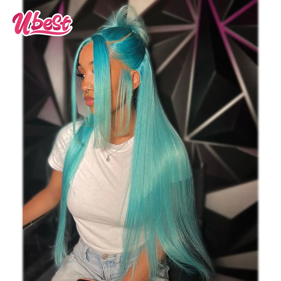 

613 Blue Colored Straight Lace Front Wig Human Hair 13x6 Transparent Lace Frontal Wig Green Pre Plucked Closure Wigs For Women