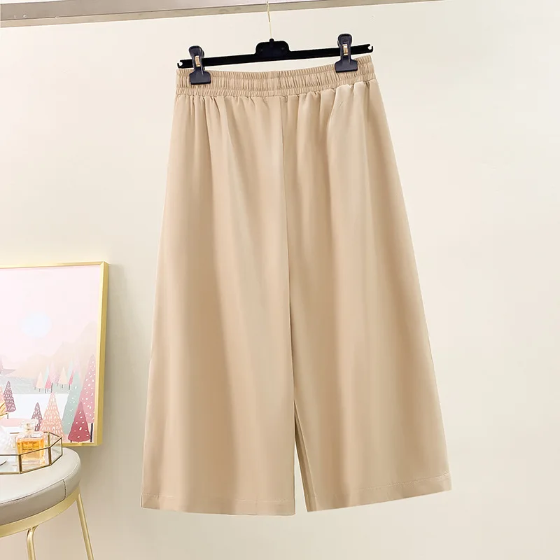 150Kg Plus Size Women\'s Hip 152 Spring Loose Elastic Waist Wide Leg Casual Pants Slim Capris Black Apricot 5XL 6XL 7XL 8XL 9XL