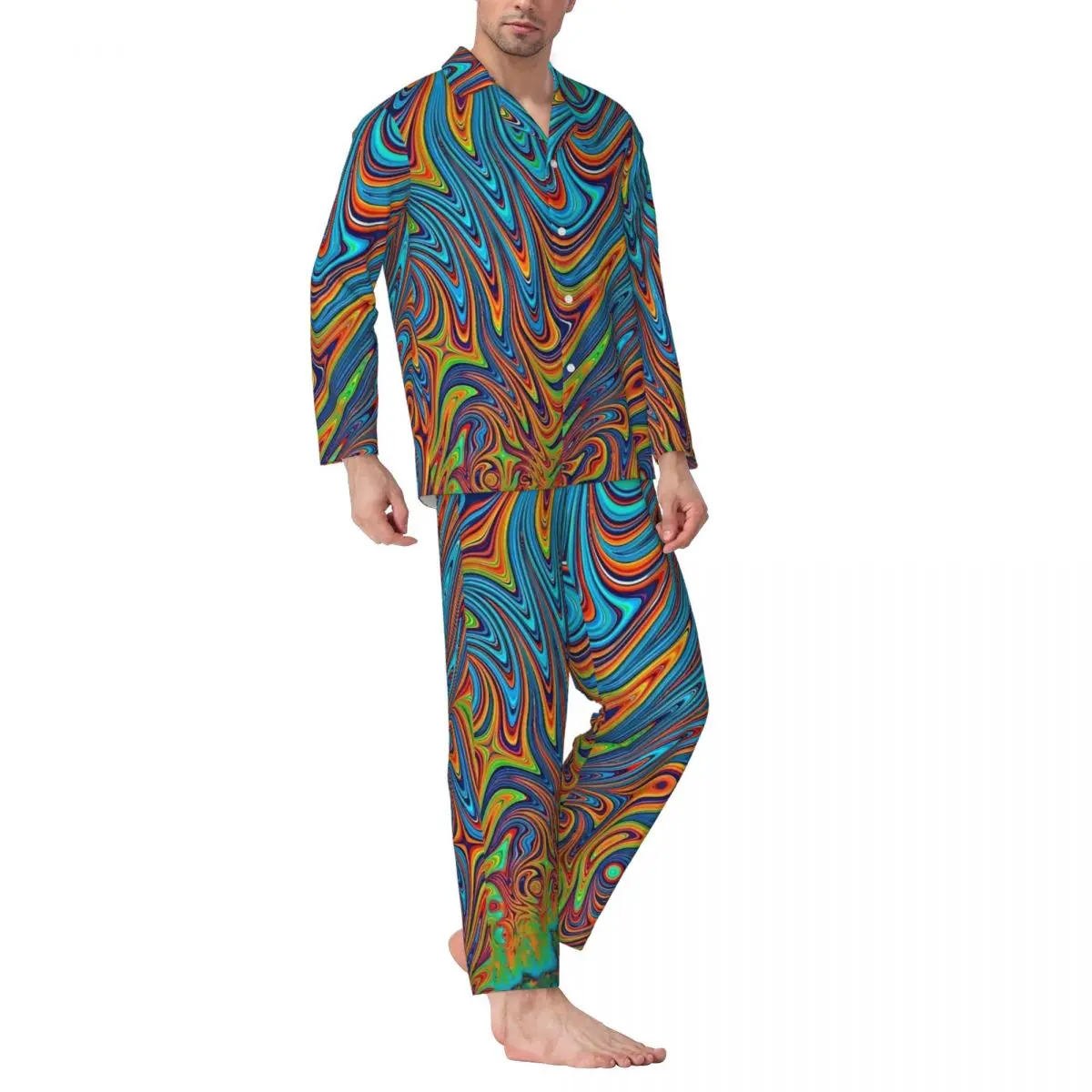 Pigiama da uomo in colore a contrasto da notte pigiama colorato psichedelico 2 pezzi pigiama allentato casual set manica lunga tuta da casa oversize