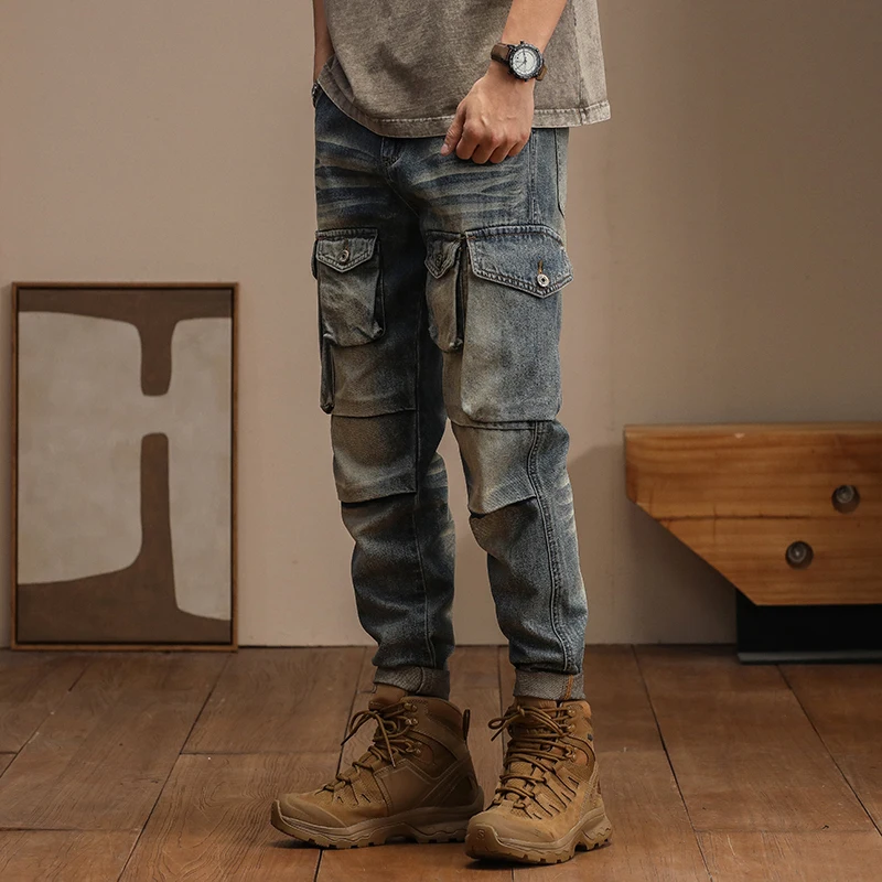 Calça masculina Retro Multi Bolso Denim Cargo, Jeans Patchwork Motocicleta, Calças Skinny, Roupas de Alta Qualidade